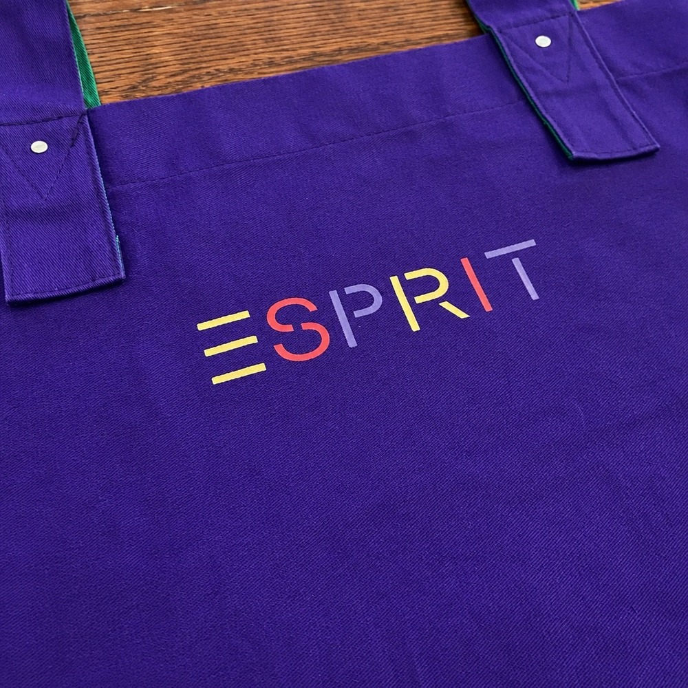 Vintage Esprit Purple Canvas Tote Bag Rainbow Logo Y2K Zipper Pocket Green Trim - Picture 4 of 10